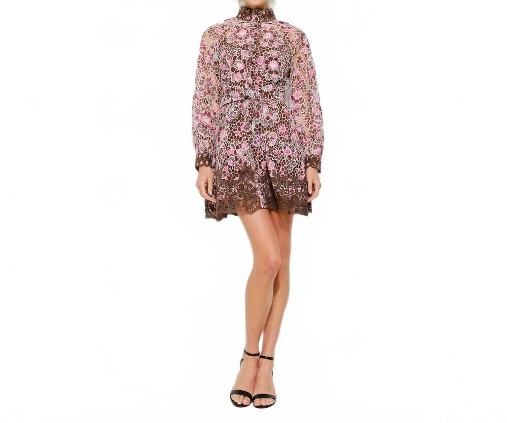 NEW INA FASHION floral embroidered lace mini dress in chocolate orchid